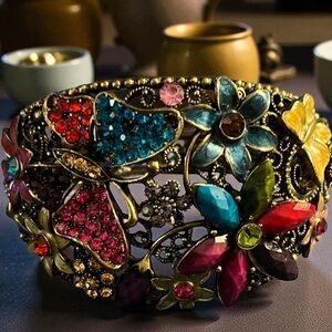 Gorgeous Colorful Floral and Butterfly Women's Hinged Cuff Bracelet